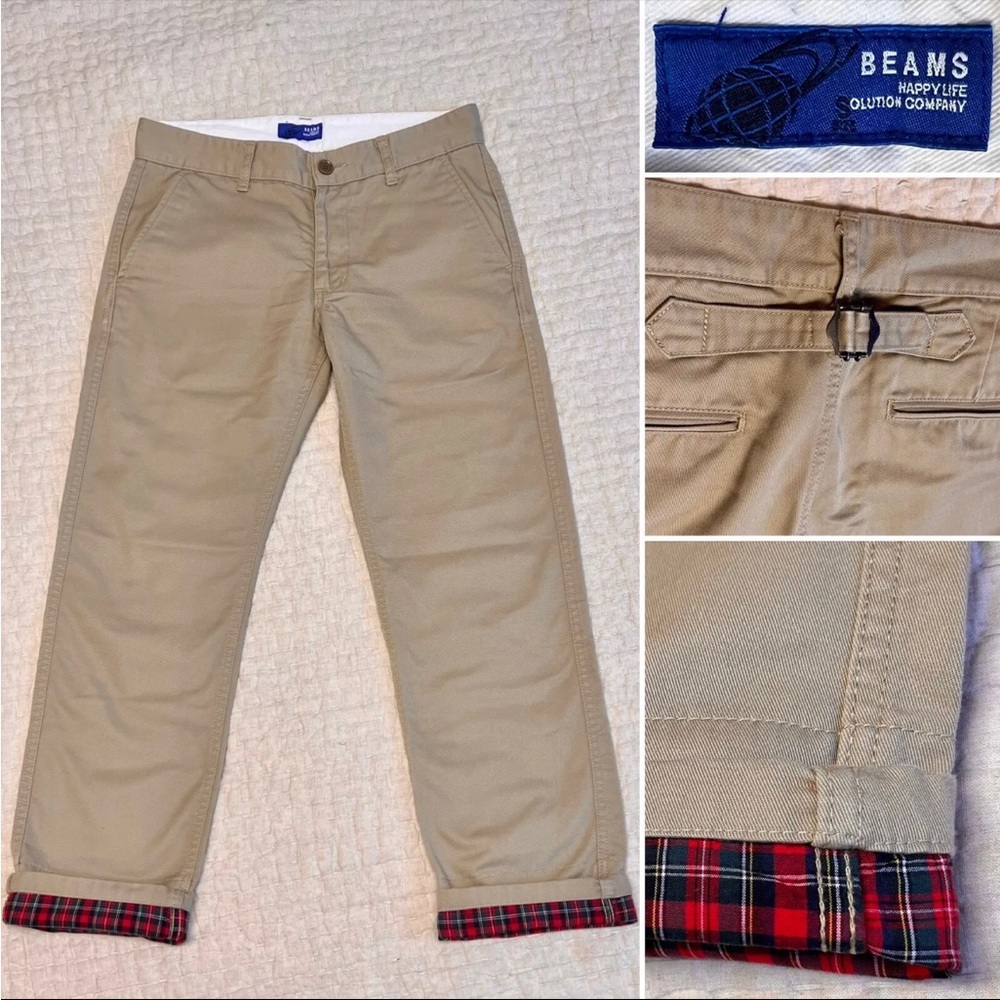 BEAMS Japan Buckle-Back Khaki Chino Men’s S (30x29) Contrast Tartan Cuff Ametora